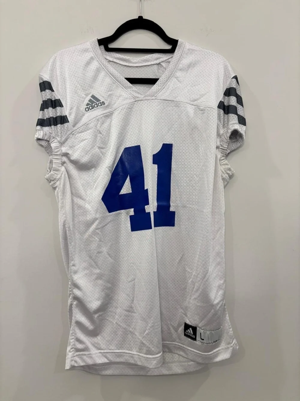 Adidas Mens Football Jersey White Blue Number 41 Size L Practice Shirt #A11